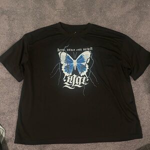 Black T-Shirt with Blue Butterfly Graphic